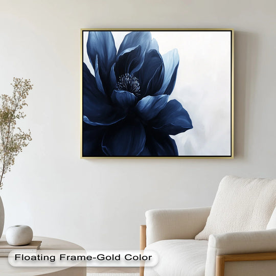 Square navy blue midnight bloom oil painting art piece displays a dramatic floral design with a gold floating frame.