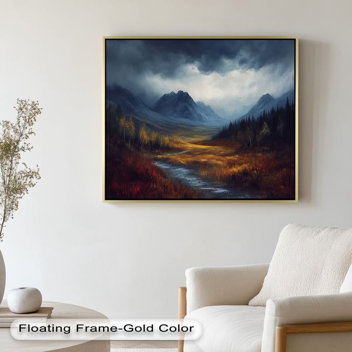 A powerful autumn landscape with stormy skies, glowing meadows, and rugged mountains creating a sense of awe and contrast.

