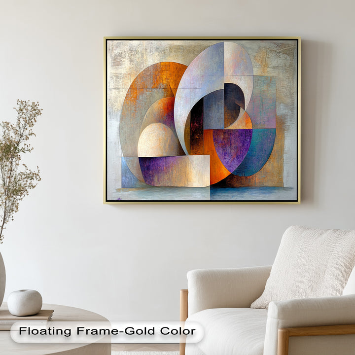 Sophisticated abstract design blending deep purples, oranges, and neutrals.

