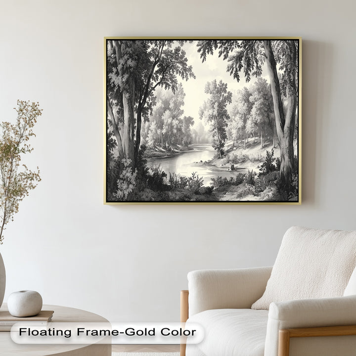 Zeitloser Waldfluss – Monochromes Landschaftsölgemälde
