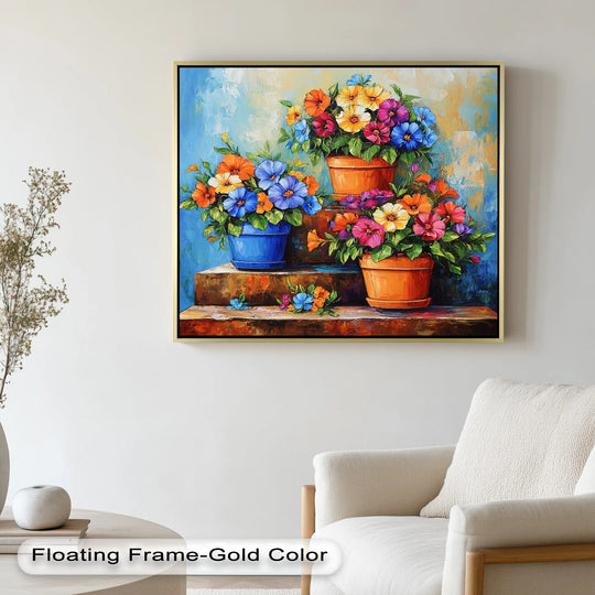 Floral energy bursts forth as the vibrant Flower Pots Wall Decor, a botanical oil painting artwork, seems to bloom right off the canvas with a dynamic sense of movement.