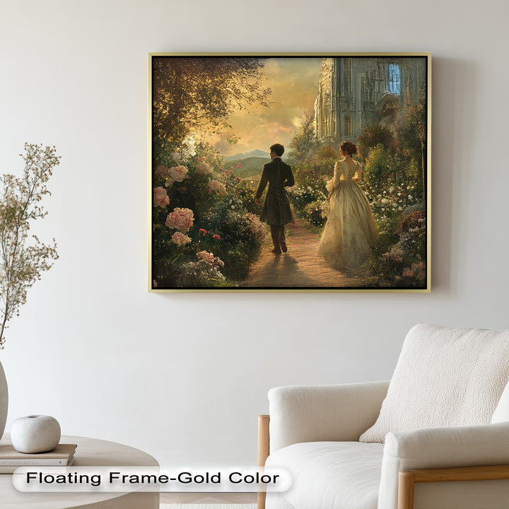Victorian Lovers at Twilight – Romantic Garden Walk Oil Painting
