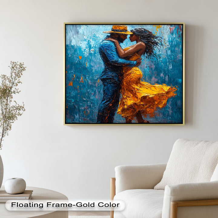 Midnight Embrace – Vibrant Couple in Yellow Dress Oil Painting