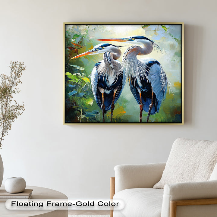 Pair of Herons in Forest Light – Animal Oil Painting