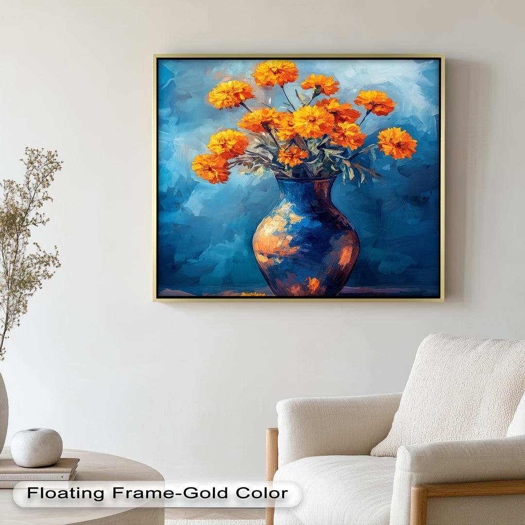 Golden Marigolds in Midnight Blue – Flower Oil Painting