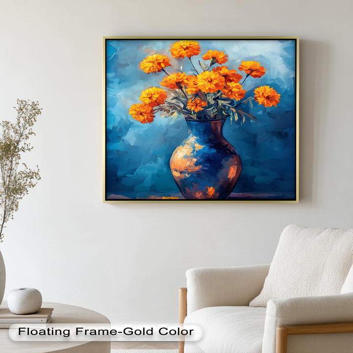 Golden Marigolds in Midnight Blue – Flower Oil Painting