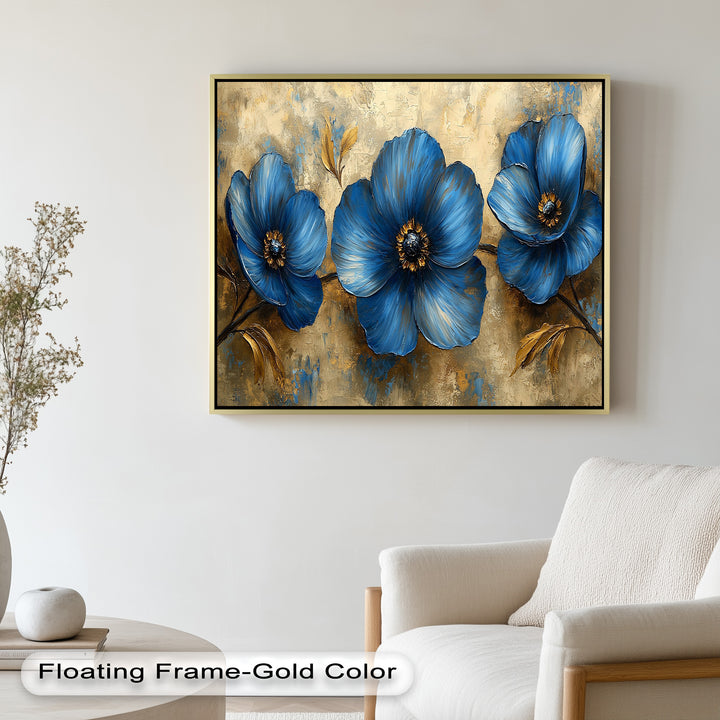 Golden Beige Elegance – Royal Blue Floral Trio Flower Oil Painting
