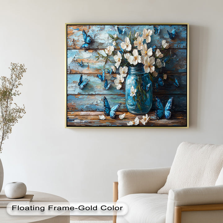Flowers and Blue Butterflies – Elegant Nature Oil Painting