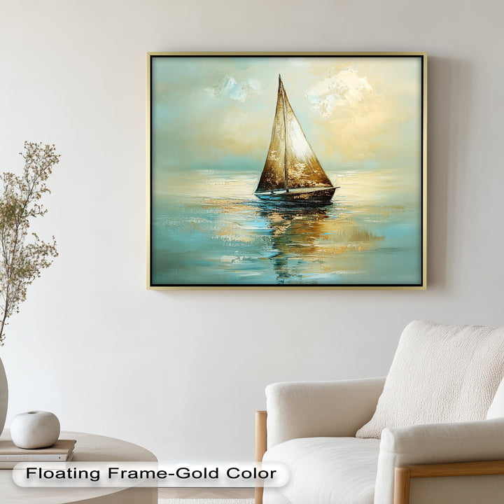 Golden Drift – Ruhiges Segelboot bei Sonnenaufgang, Boot-Ölgemälde