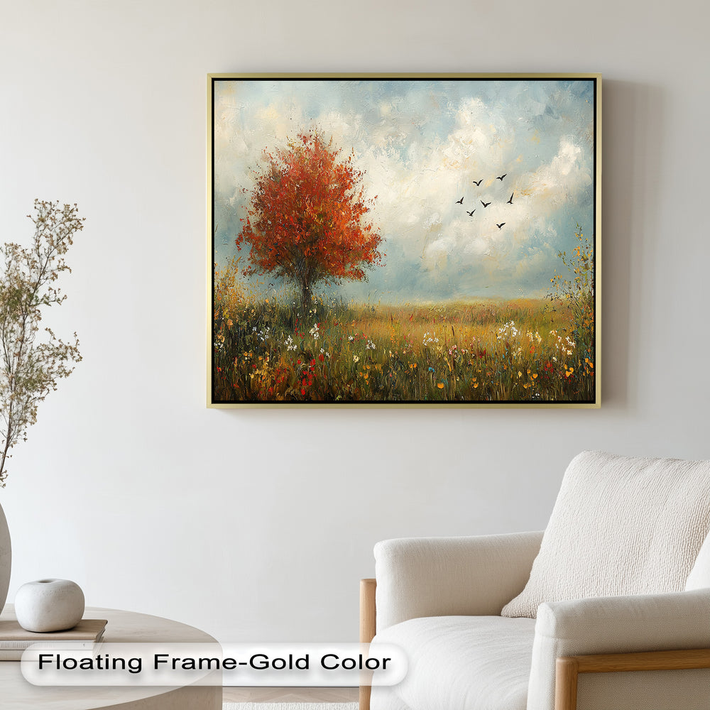 Golden meadow landscape featuring a fiery red tree and flying birds.
