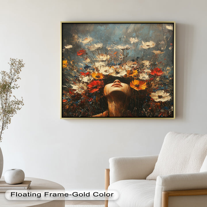 Floral Rebirth – Woman with Blossoming Crown Abstract Oil Painting