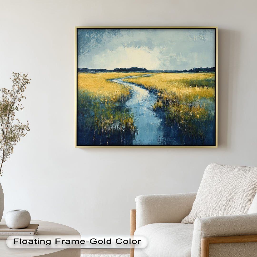 Golden Fields and Blue Stream – Contemporary Landscape Oil Painting