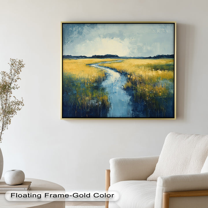 Golden Fields and Blue Stream – Contemporary Landscape Oil Painting