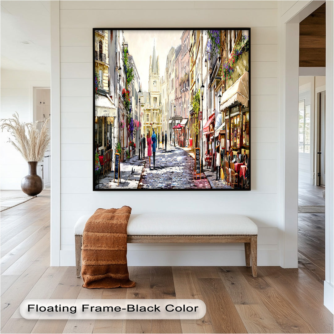 A stunning artwork depicting a lively European street scene with warm café settings, classic architecture, and a serene atmosphere
