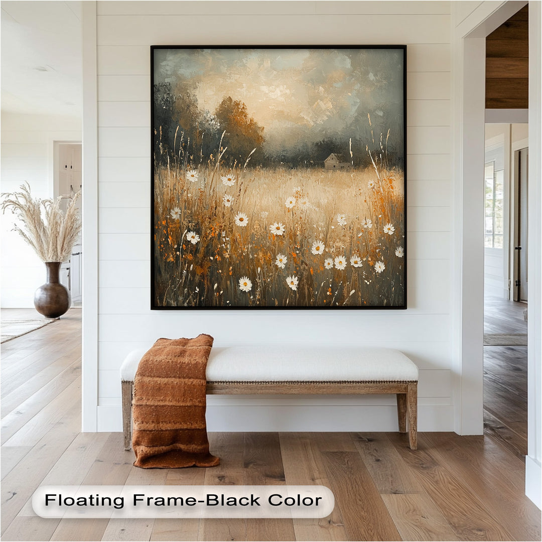 Rustic meadow painting with white daisies and golden grass at sunset.
