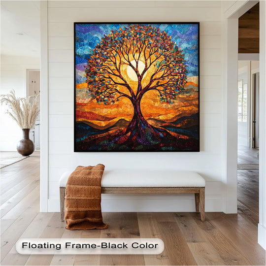 Sunlit tree of life art with vivid gemstone-inspired patterns.
