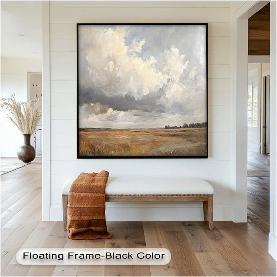 Visual rhythm flows through the prairie horizon vintage oil painting decoration with brushstrokes that create movement from the textured clouds to the field.