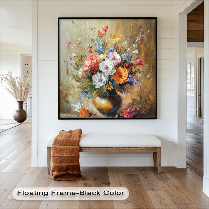 Textured oil painting of vibrant garden flowers in rustic gold vase.
