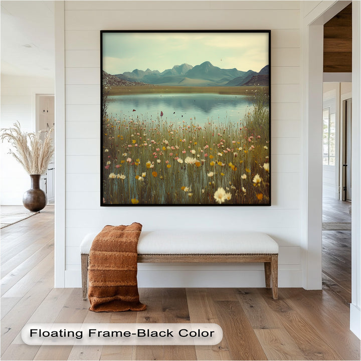 Butterfly Bloom by the Lake – Framed Oil Painting