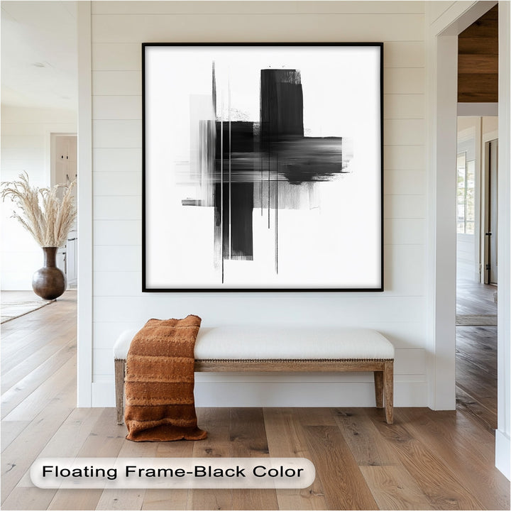 Black and white geometric abstract with layered vertical lines.
