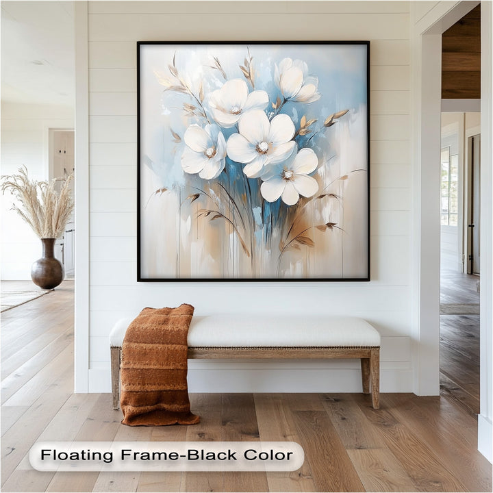 Modern botanical wall art featuring white blooms and golden leaves.
