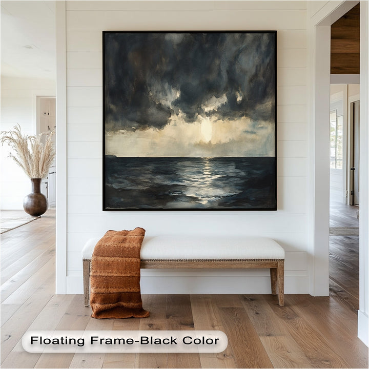 Dark ocean waves beneath storm-laden skies at dusk.
