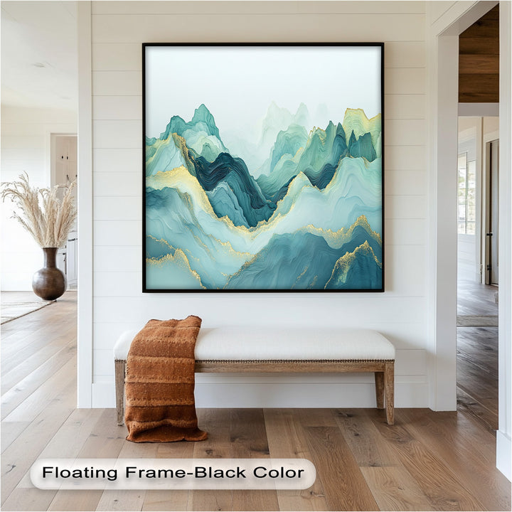 Fluid abstract peaks with emerald tones and shimmering highlights.
