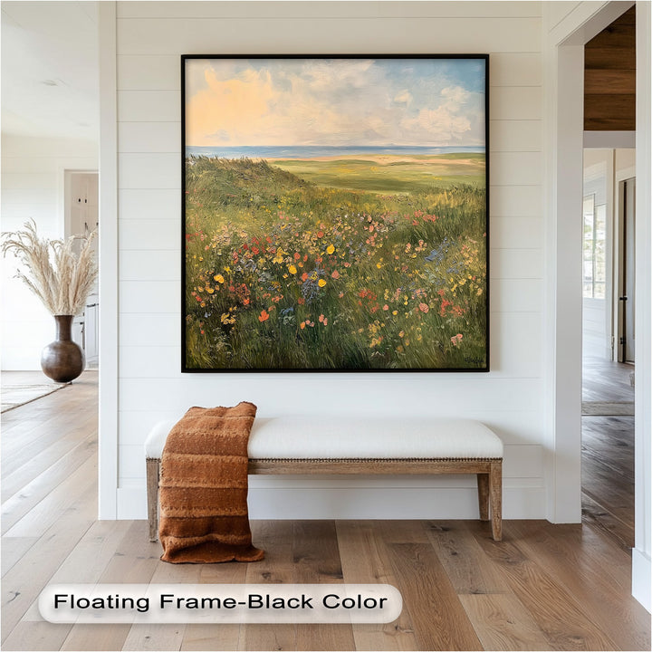 Spring meadow by the sea with vivid flowers and tranquil ocean backdrop.
