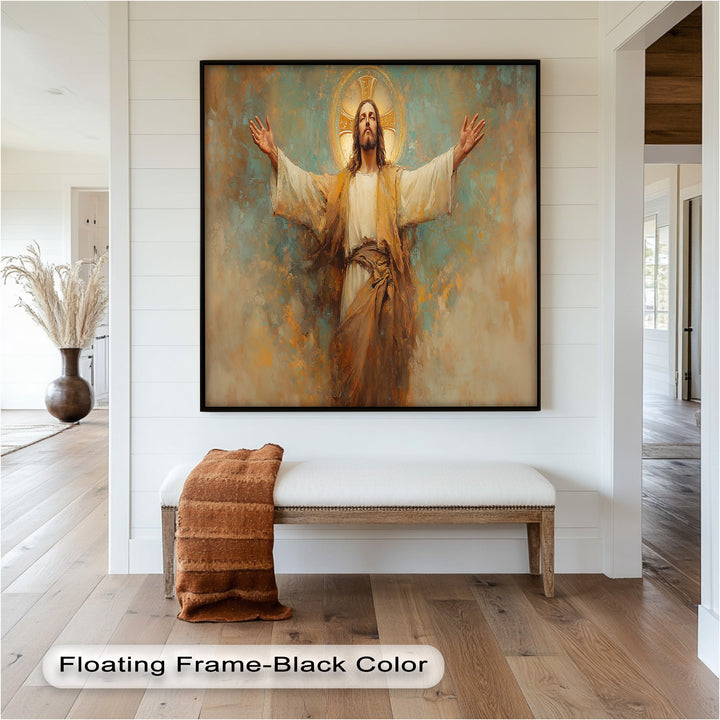 Religious oil painting of Christ in heavenly light and serene grace.
