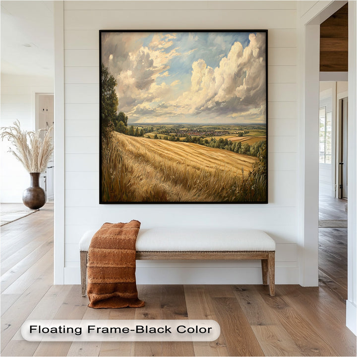 Rural farmland vista with golden crops and sweeping skies.
