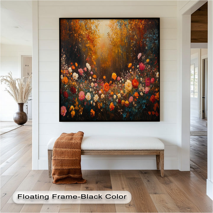 Vibrant floral field with glowing woodland light.
