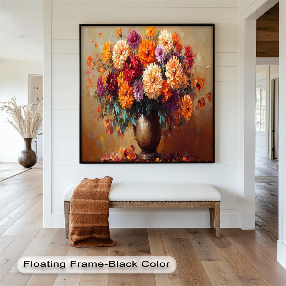 Lush floral artwork featuring red, orange, and purple dahlias in rich textures.
