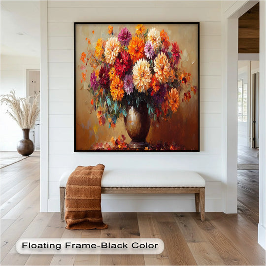 Brightest area features the luminous, textured dahlias in this still life oil painting art prints, creating vibrant floral wall art with bold blooms in red, orange, and purple.