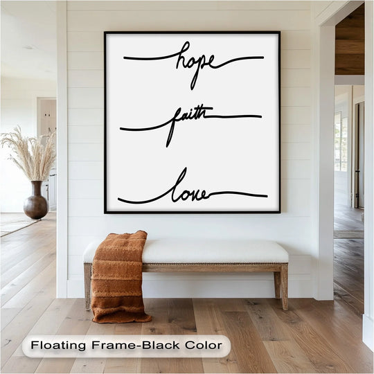 Behind the minimalist 'Hope Faith Love' oil painting artwork, a bright hallway shows modern home decoration, complementing the clean lines of the spiritual print.