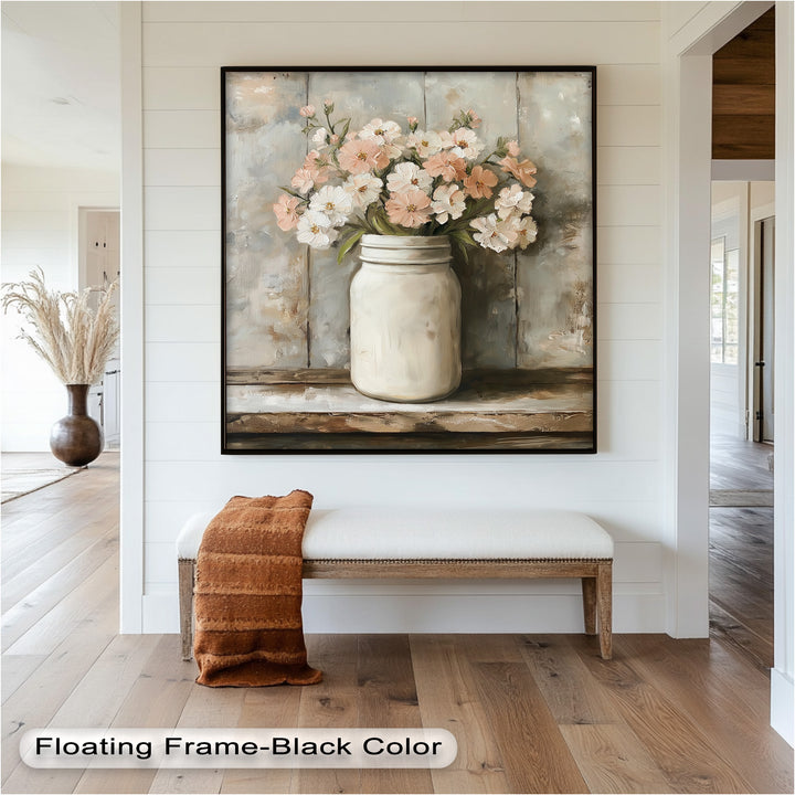 Blush & Cream Blooms – Rustic Mason Jar Flower Oil Painting