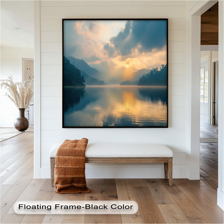 Bask in the mesmerizing hues of dawn with this nature-inspired oil painting, where golden light dances on water, and misty peaks fade into the horizon. The perfect addition to any peaceful and elegant décor.