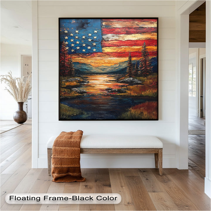 Amerikanische Flagge Sonnenuntergang Landschaft - Patriotisches Ölgemälde