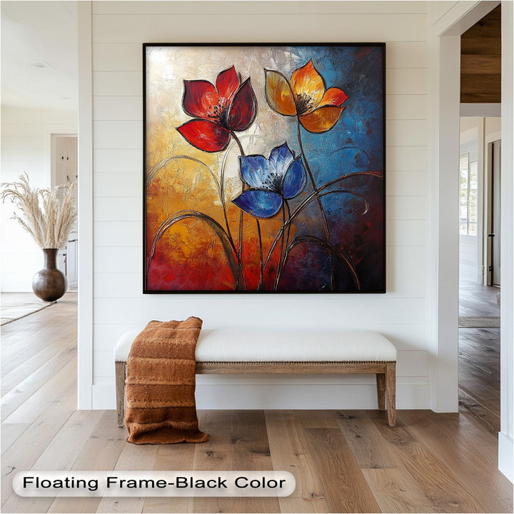 Eternal Bloom – Red, Yellow, and Blue Floral Oil Painting
