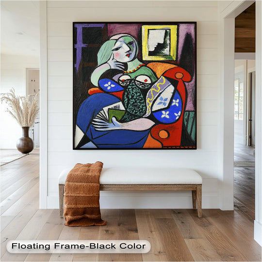 Soft brushstrokes highlight the face and hands of the subject in this 'Woman with a Book' cubist oil painting art prints inspired by Picasso.