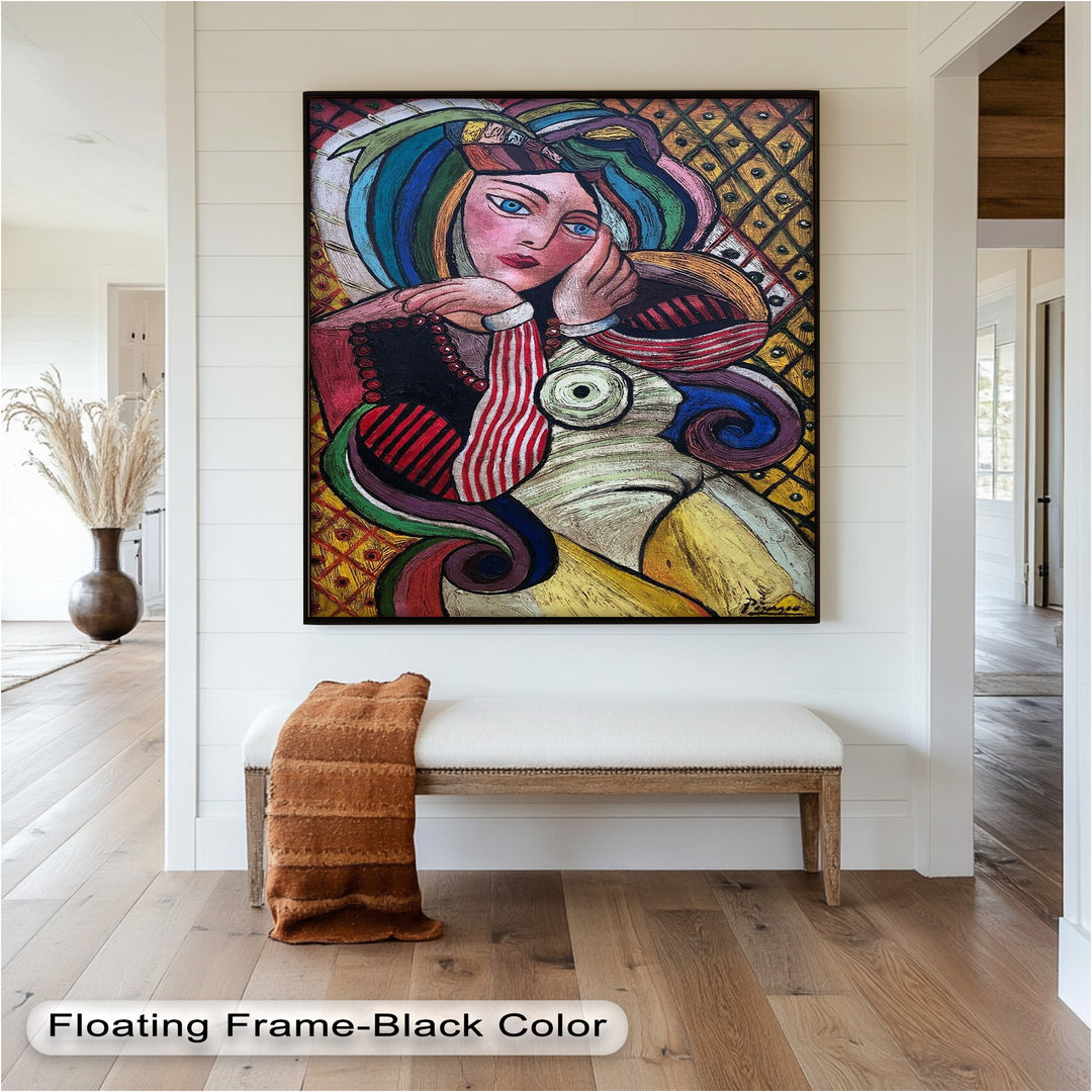 Melancholy in Stripes – Colorful Cubist Woman Portrait Picasso Oil Painting