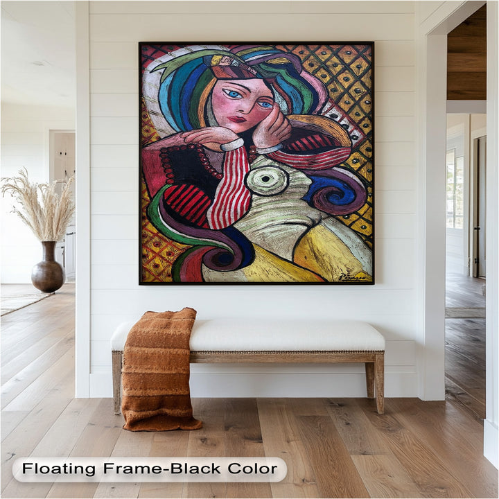 Melancholy in Stripes – Colorful Cubist Woman Portrait Picasso Oil Painting