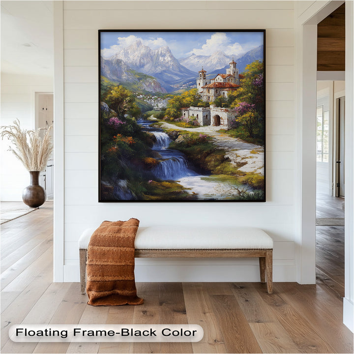 Mountain Abbey by the Falls – Serene Renaissance Oil Painting