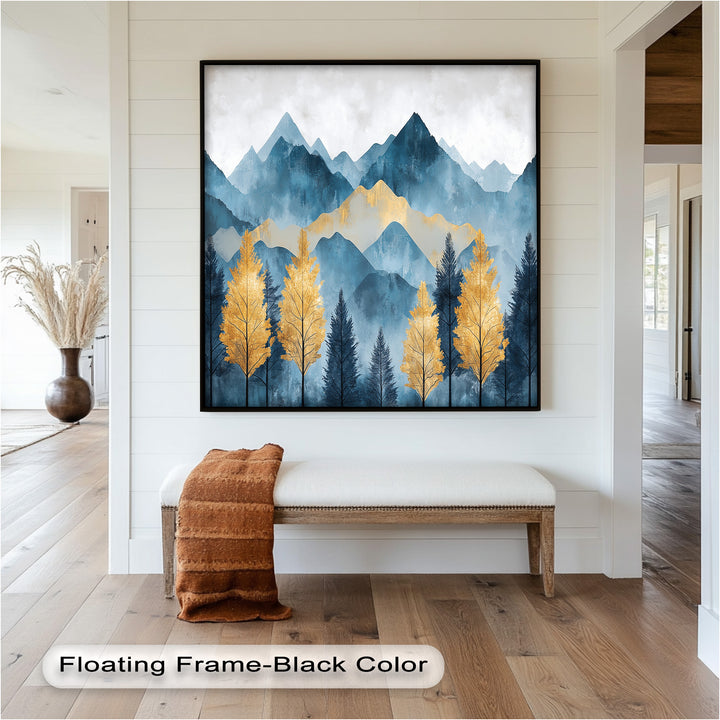 Blaue und goldene Aquarell-Berglandschaftskunst – Atemberaubende Ölgemälde