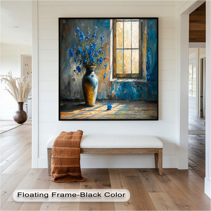 Blue Flowers in Vase – Rustic Still Life Oil Painting