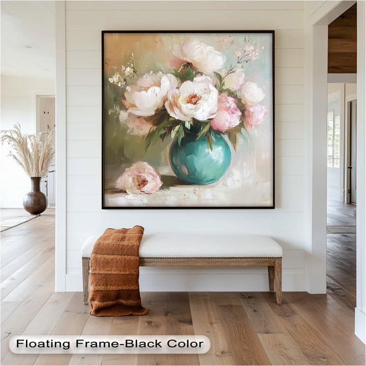 Blushing Peonies in Jade Vase – Romantic Flower Oil Painting