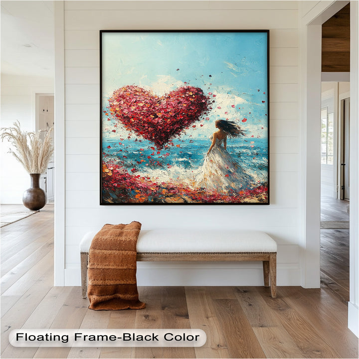 Woman with Heart-Shaped Petals Over the Sea - Love Oil Painting
