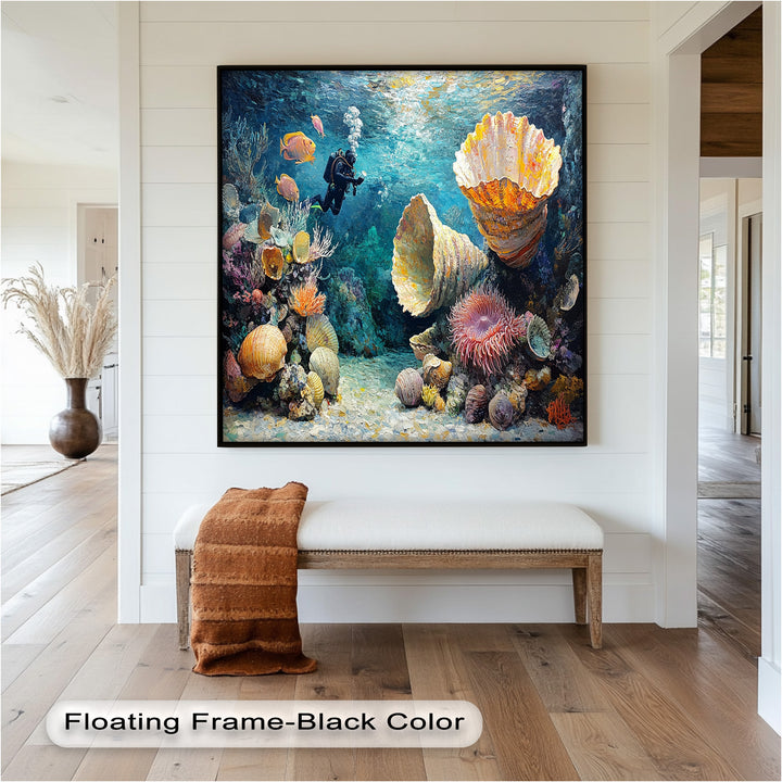 Diver Exploring Coral Reefs with Giant Shells - Animal Oil Painting