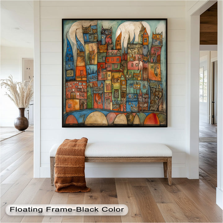 Whimsical Cat Cityscape – Surreal Architecture and Feline Picasso Oil Painting