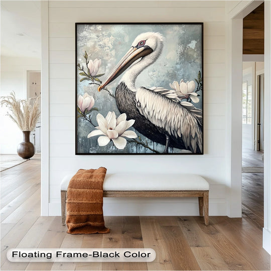 Negative space surrounds the captivating pelican among magnolia blossoms, a striking composition showcasing the beautiful balance in oil painting art prints.