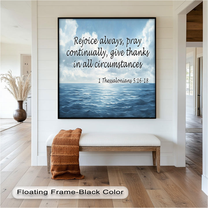 Christian wall art featuring a vast ocean and scripture on gratitude in all circumstances.
